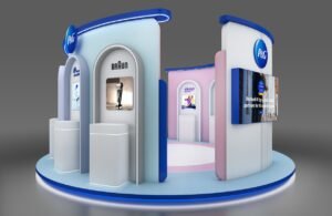 Custom P&G exhibition stand designed by exhibition stand builders Dubai featuring branded product display zones and digital screens