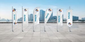 Custom feather flags and teardrop flags by MU2 Creations showcasing professional Flag Printing Dubai solutions.