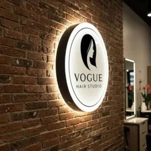 Round LED Sign Board Dubai for salon branding with illuminated acrylic logo and halo lighting